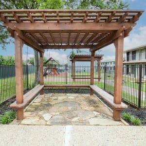 Poolside pavilion seating at Vista Verde in Mesquite, Texas