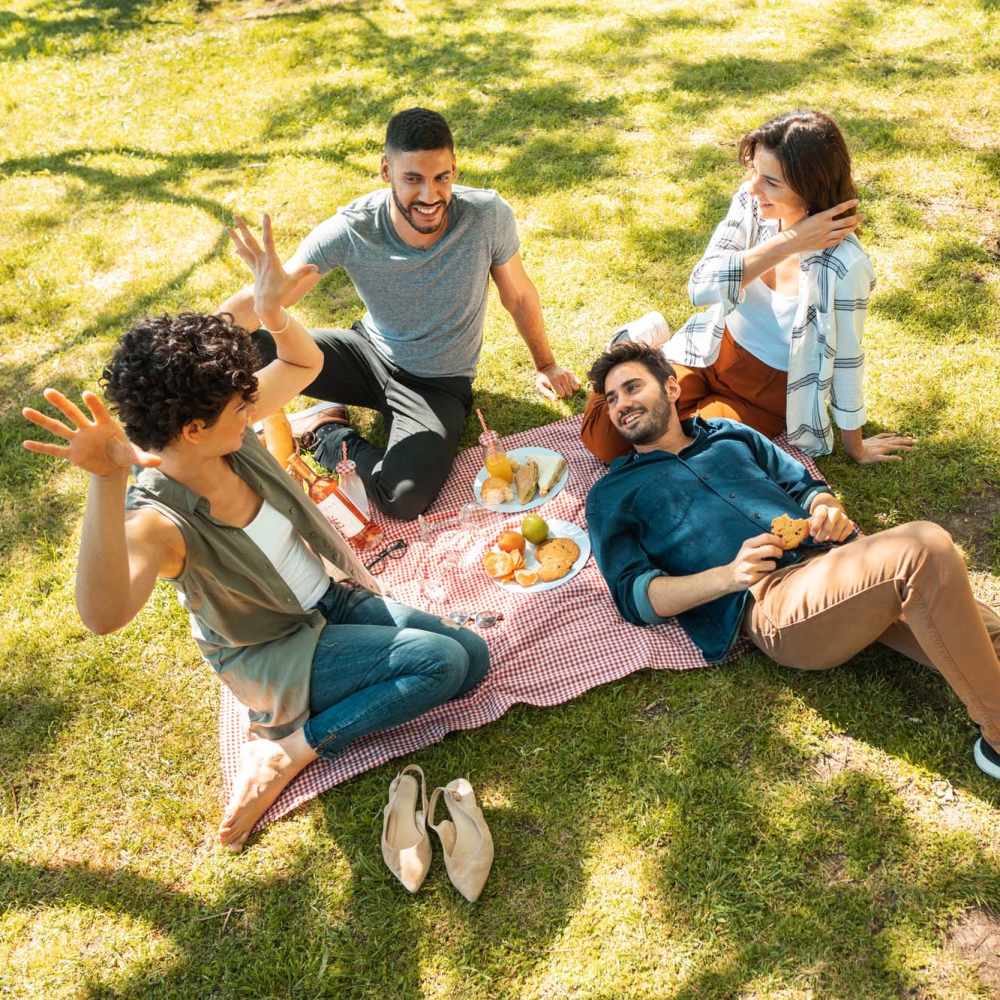 Picnic gathering on sunlit green grass, surrounded by lush landscaping at Loop Commons in Lafayette, Louisiana.