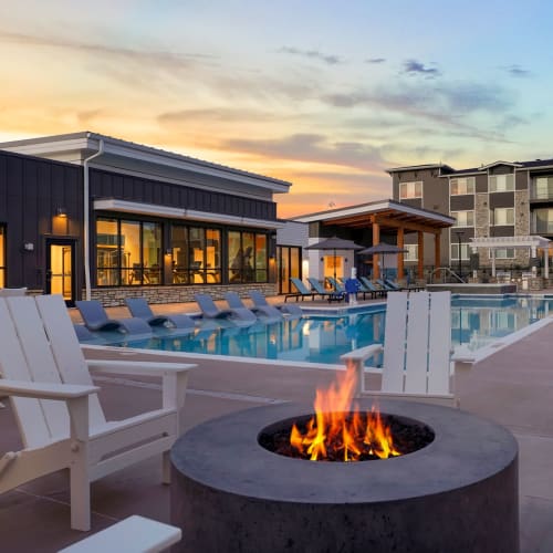 Fireplace by the swimming pool at Enova in Commerce City, Colorado