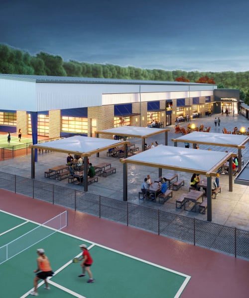 Tennis courts and picnic tables at Factory 52 in Cincinnati, Ohio