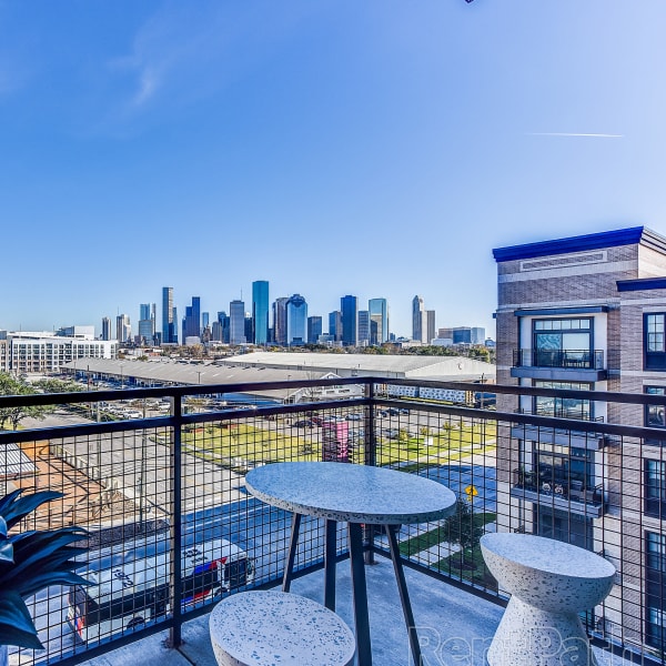 Outside view of the private patio at Bellrock Sawyer Yards in Houston, Texas