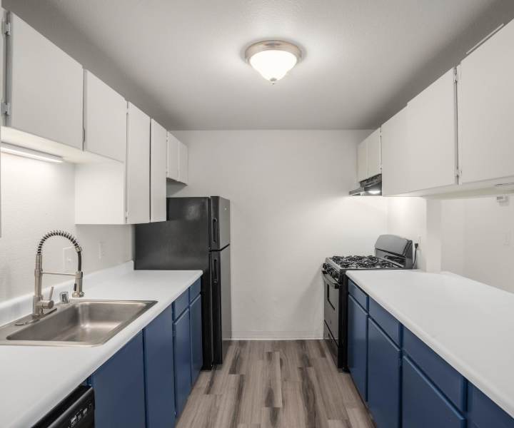 Interior of a modern apartment kitchen at The Rosewood Apartments in Vancouver, Washington