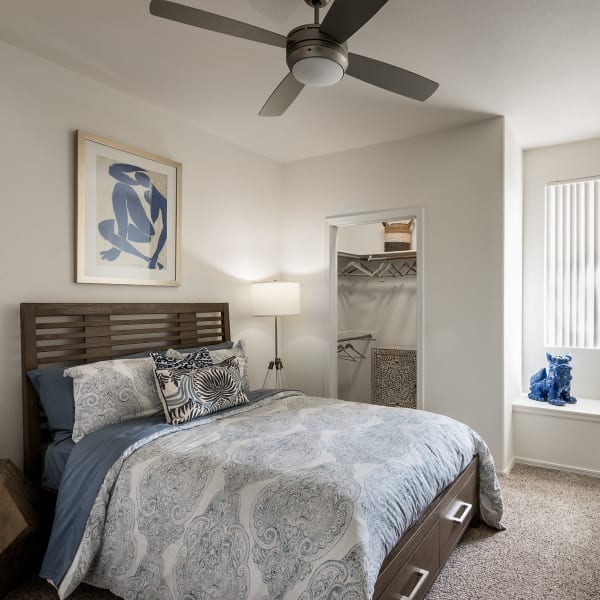 Bedroom with walk in closet and plush carpeting at The Reserve at Gilbert Towne Centre in Gilbert, Arizona