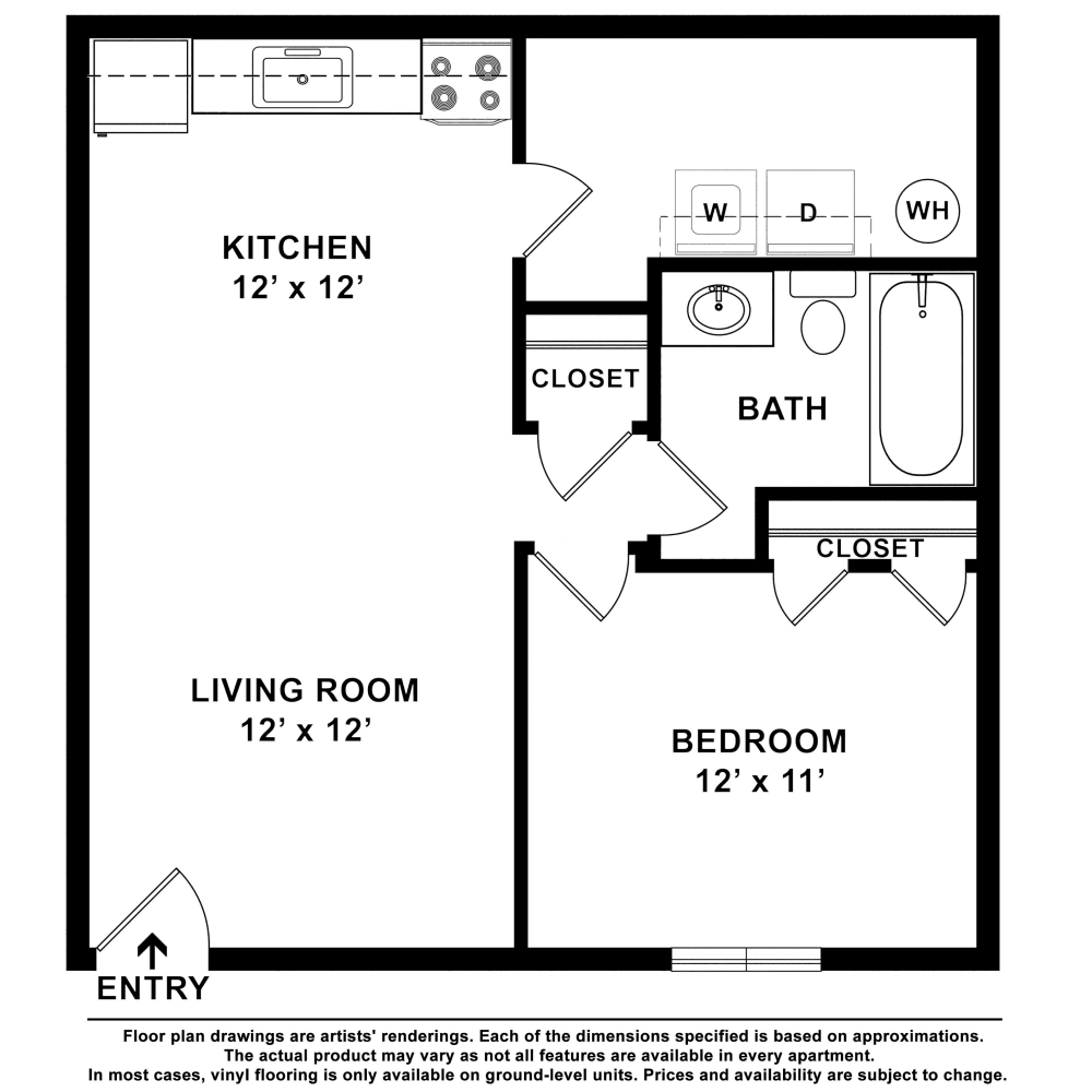 1x1 floor plan drawing at Lakeshore II Apartments in Fort Oglethorpe, Georgia