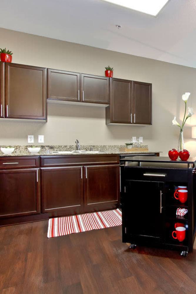 Modern kitchen with wooden cabinets and dishwasher at Acapella in Las Vegas, Nevada