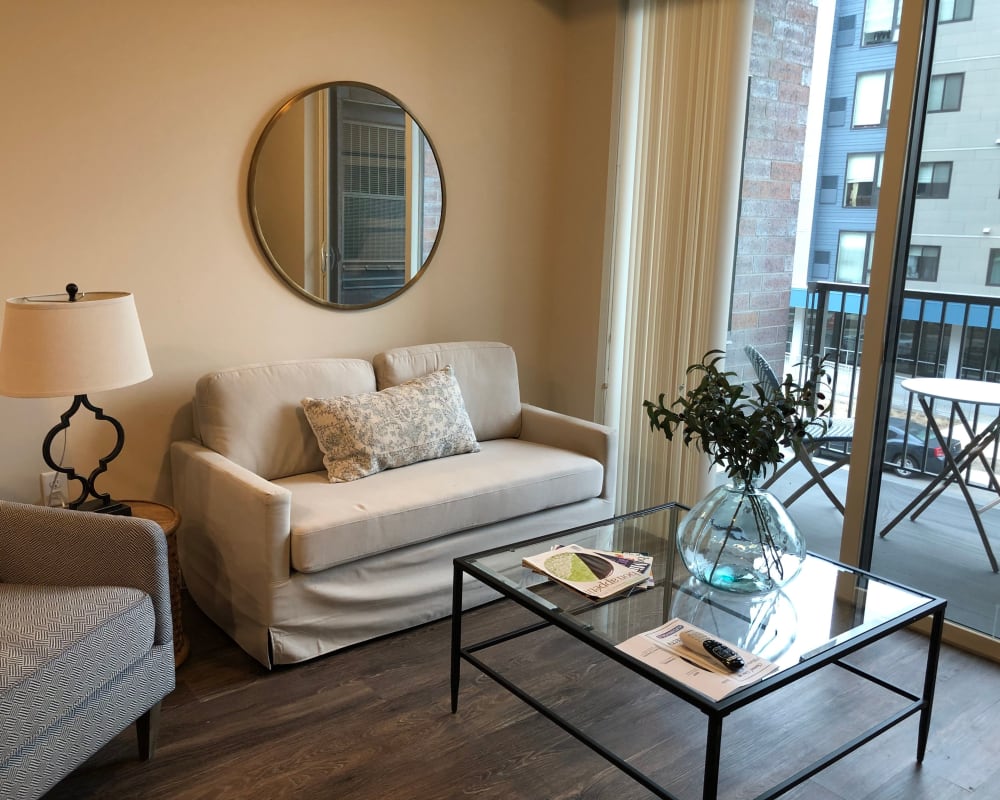 Living room with modern decor at The Pillars of Prospect Park in Minneapolis, Minnesota