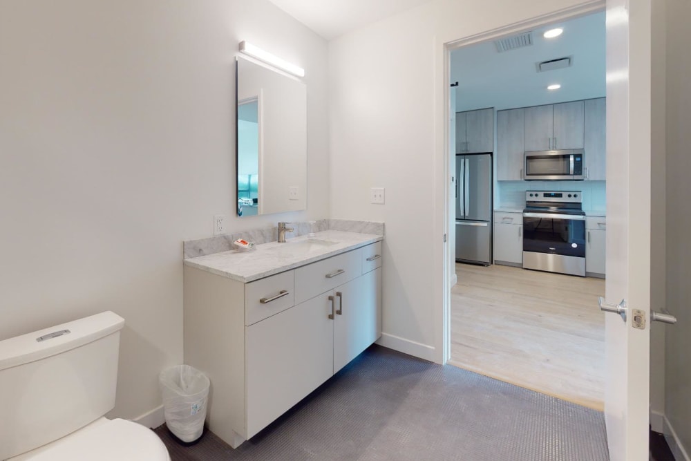 An apartment bathroom at 55 Brighton at Packard Crossing in Boston, Massachusetts