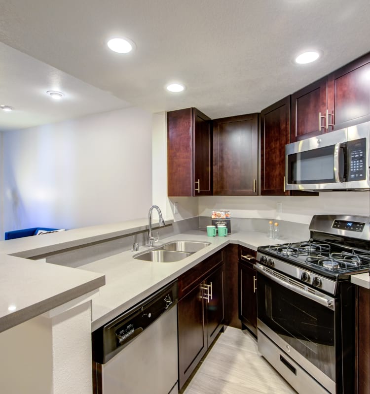 Chef-inspired kitchen with dark wood cabinetry and stainless-steel appliances in a model home at Sofi at 3rd in Long Beach, California