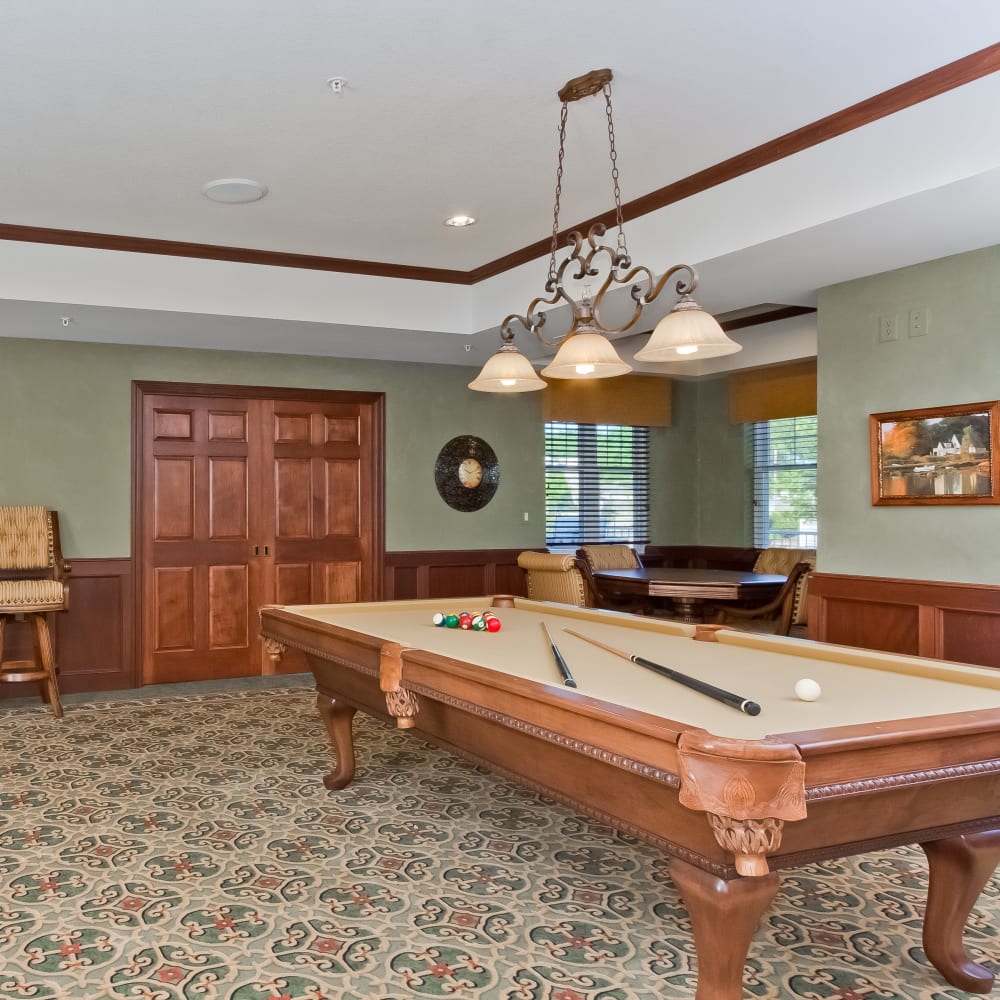 Resident pool table at Applewood Pointe of Bloomington at Southtown in Bloomington, Minnesota. 