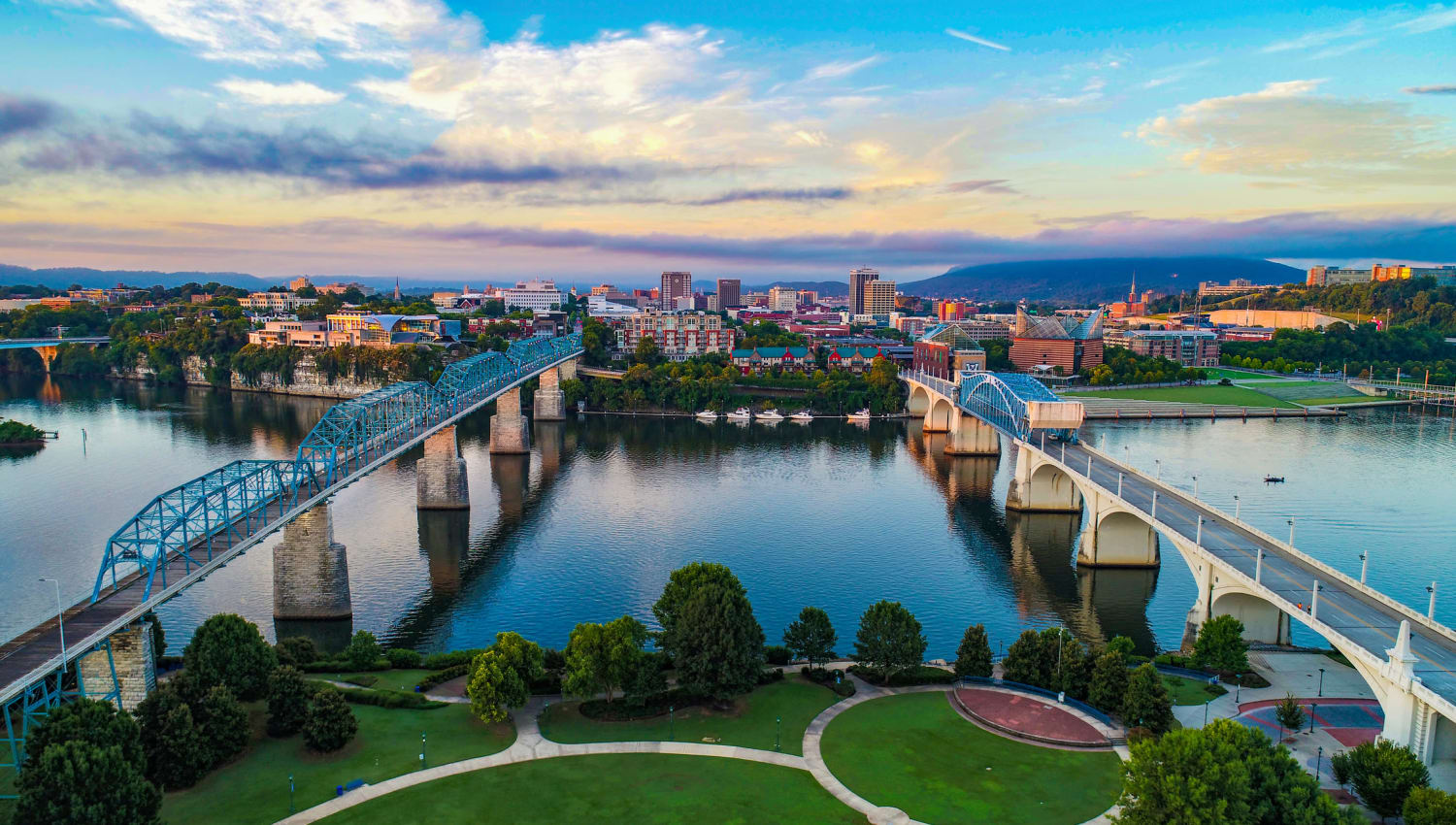 View of the two bridges and the awesome park between them near The Guild in Chattanooga, Tennessee