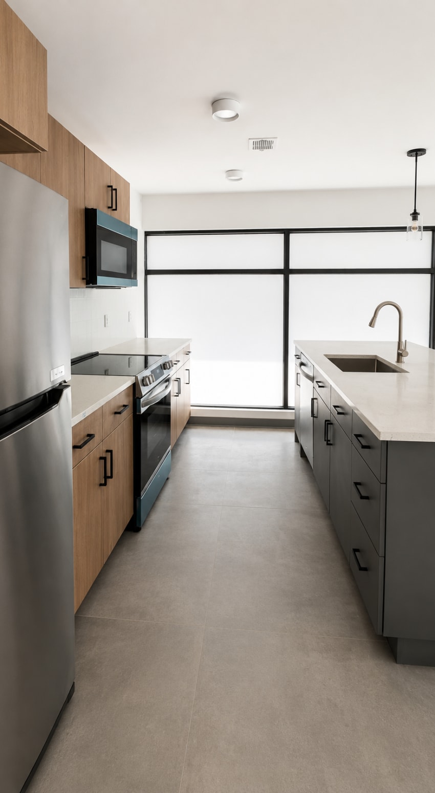 Modern galley kitchen with quartz counters and stainless appliances at Altitude on Main in Richmond, Virginia