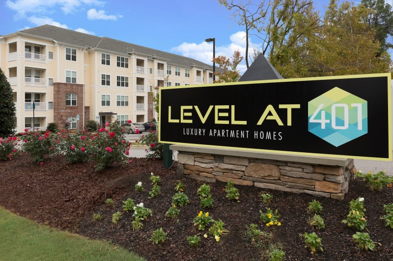 Exterior entry sigh at Level at 401 in Raleigh, North Carolina