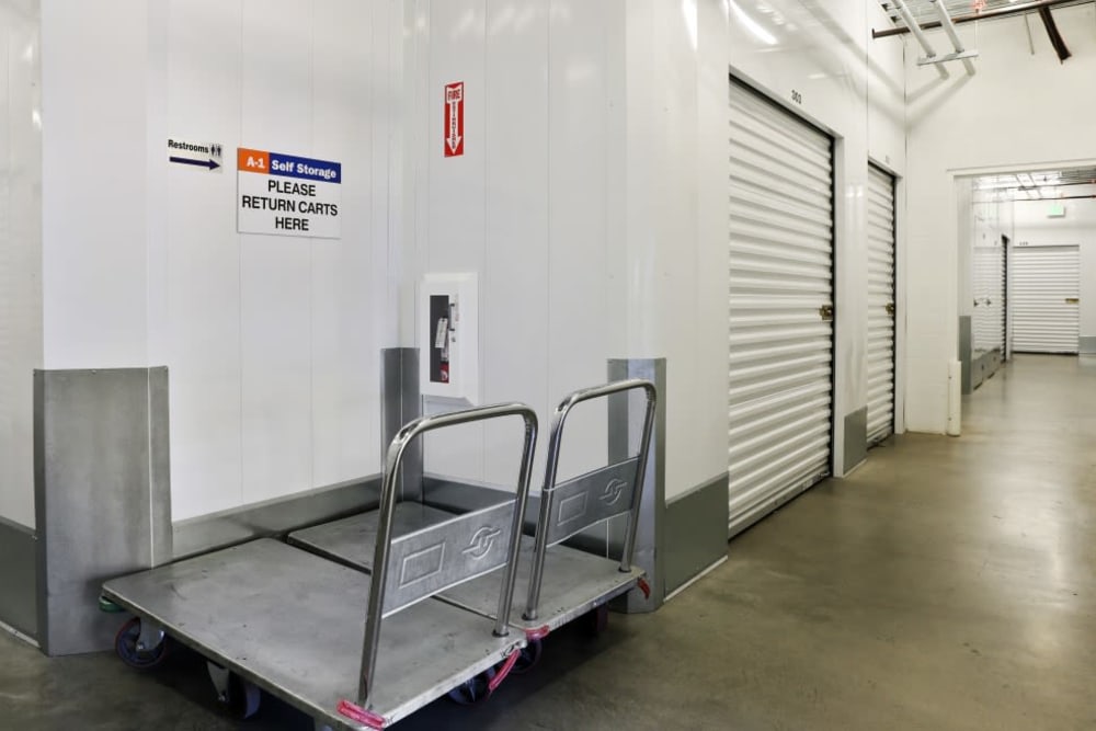 Indoor storage units and carts at A-1 Self Storage in Alhambra, California