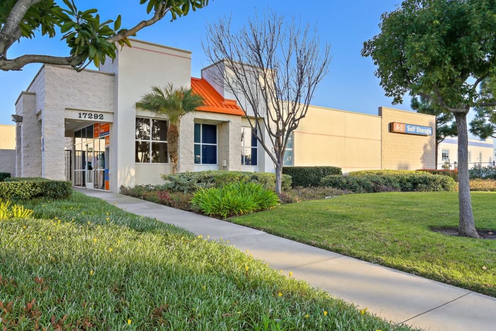 The front entrance to A-1 Self Storage in Huntington Beach, California