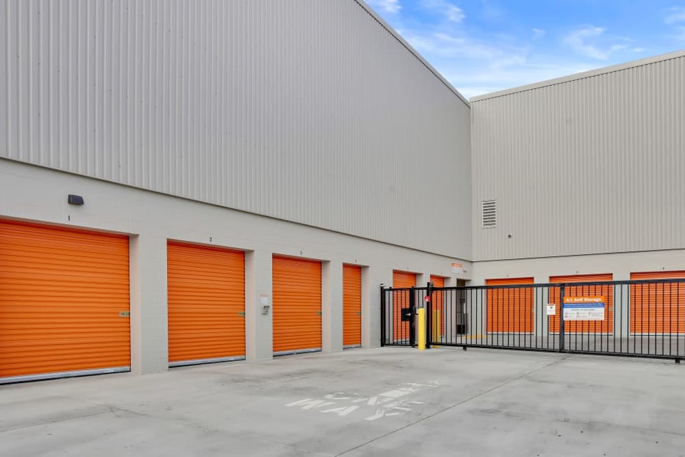 A row of drive-up storage units at A-1 Self Storage in San Jose, California