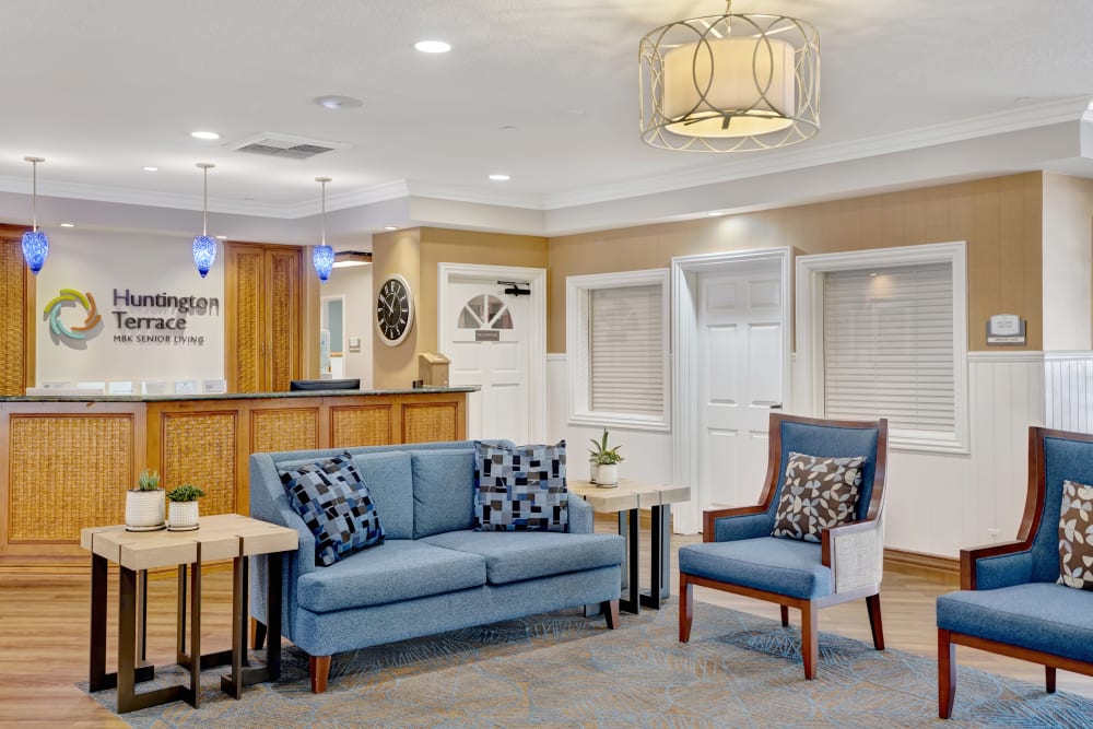 Lobby and seating area at Huntington Terrace in Huntington Beach, California