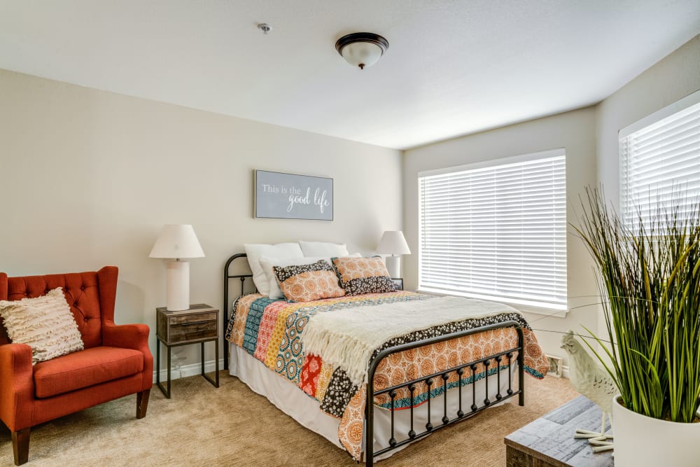 Bedroom in senior living apartment at Maple Ridge Senior Living in Ashland, Oregon