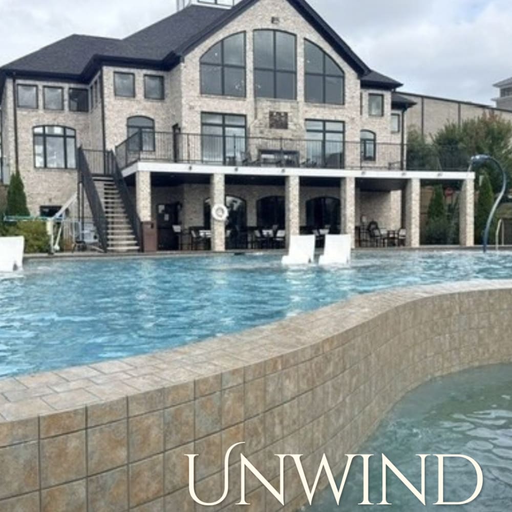 Social media post by the property, unwind by our pool at West Edge in Lynchburg, Virginia