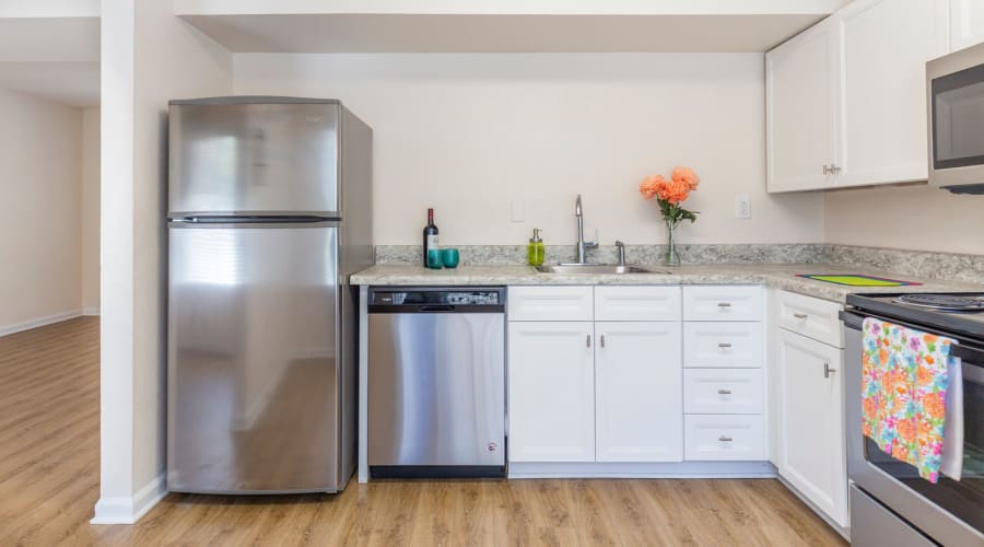 Modern furnishings in the newly renovated kitchen at North Woods in Charlottesville, Virginia