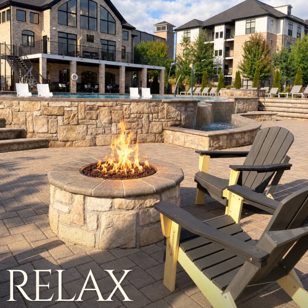 Social media post by the property, relax by our fire pit at West Edge in Lynchburg, Virginia