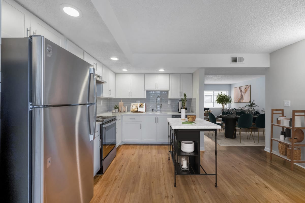 Kitchen with stainless-steel appliances at Horizons North in Miami, Florida