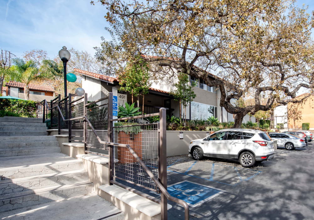 Mature trees and professionally maintained landscaping outside the leasing office at Sofi Thousand Oaks in Thousand Oaks, California