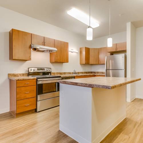 Fully equipped kitchen at Fox Crossing Apartments in Burlington, Wisconsin