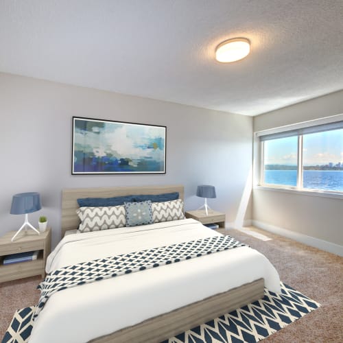 A cozy second bedroom at Lakefront on Washington in Seattle, Washington