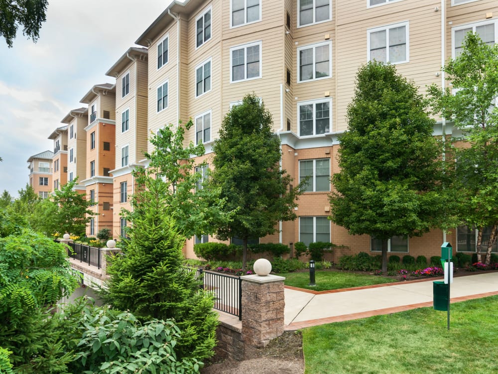 Lush landscaping outside resident buildings at Sofi at Morristown Station in Morristown, New Jersey