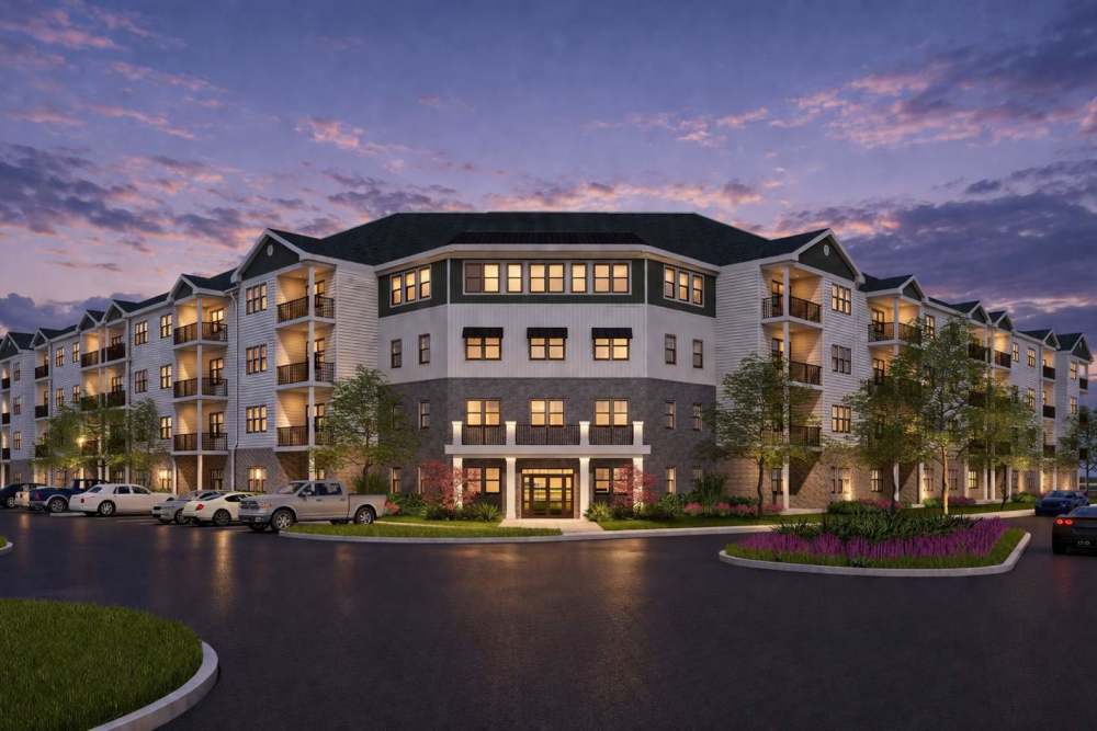 Exterior view of the community during twilight at The Villas at Harbour Cove in Suffolk, Virginia