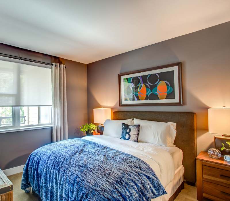 Spacious bedroom with comfortable bed at Franklin 299 in Redwood City, California
