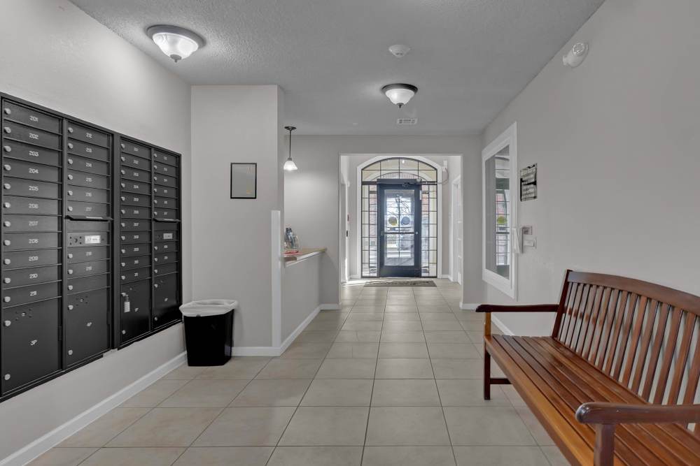 Mail box and seating area at River Ridge in Sand Springs, Oklahoma