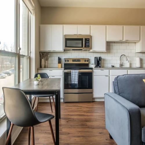 Resident living room and kitchen at CORE in Ames, Iowa