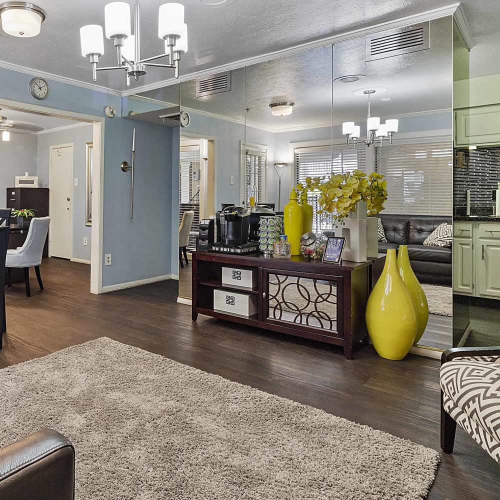 Clubhouse with wooden flooring at Lincoln Court Apartments in Dallas, Texas