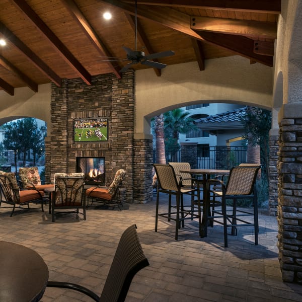 Poolside cabana with outdoor TV at San Travesia in Scottsdale, Arizona