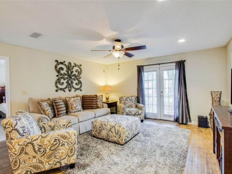 Hardwood flooring in a roomy model apartment at The Gables in Ridgeland, Mississippi