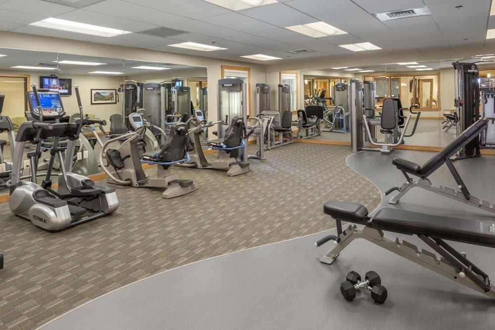Modern gym equipment for resident use at The Springs at Greer Gardens in Eugene, Oregon