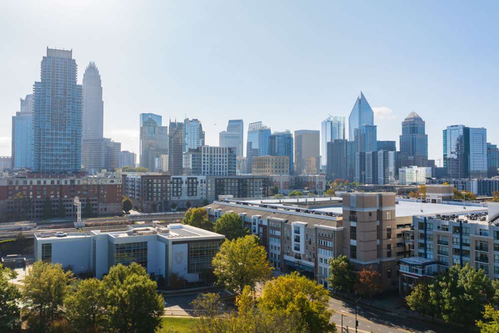 City skyline view at Cedar Flats in Charlotte, North Carolina