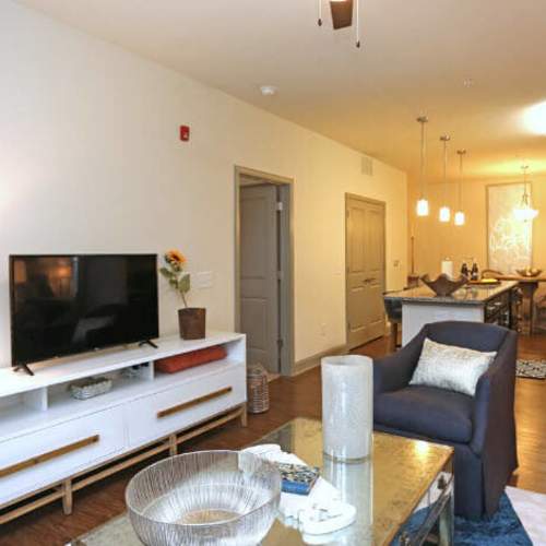 Cozy living area with TV and comfortable seating at Waterside in Graham, North Carolina