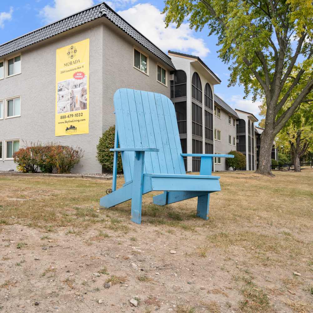 Exterior shot of apartment with outdoor patio at Morada in Crystal, Minnesota
