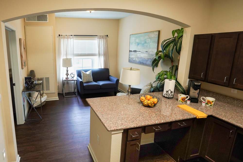 Living room with a view of kitchen at Harmony at Five Forks in Simpsonville, South Carolina