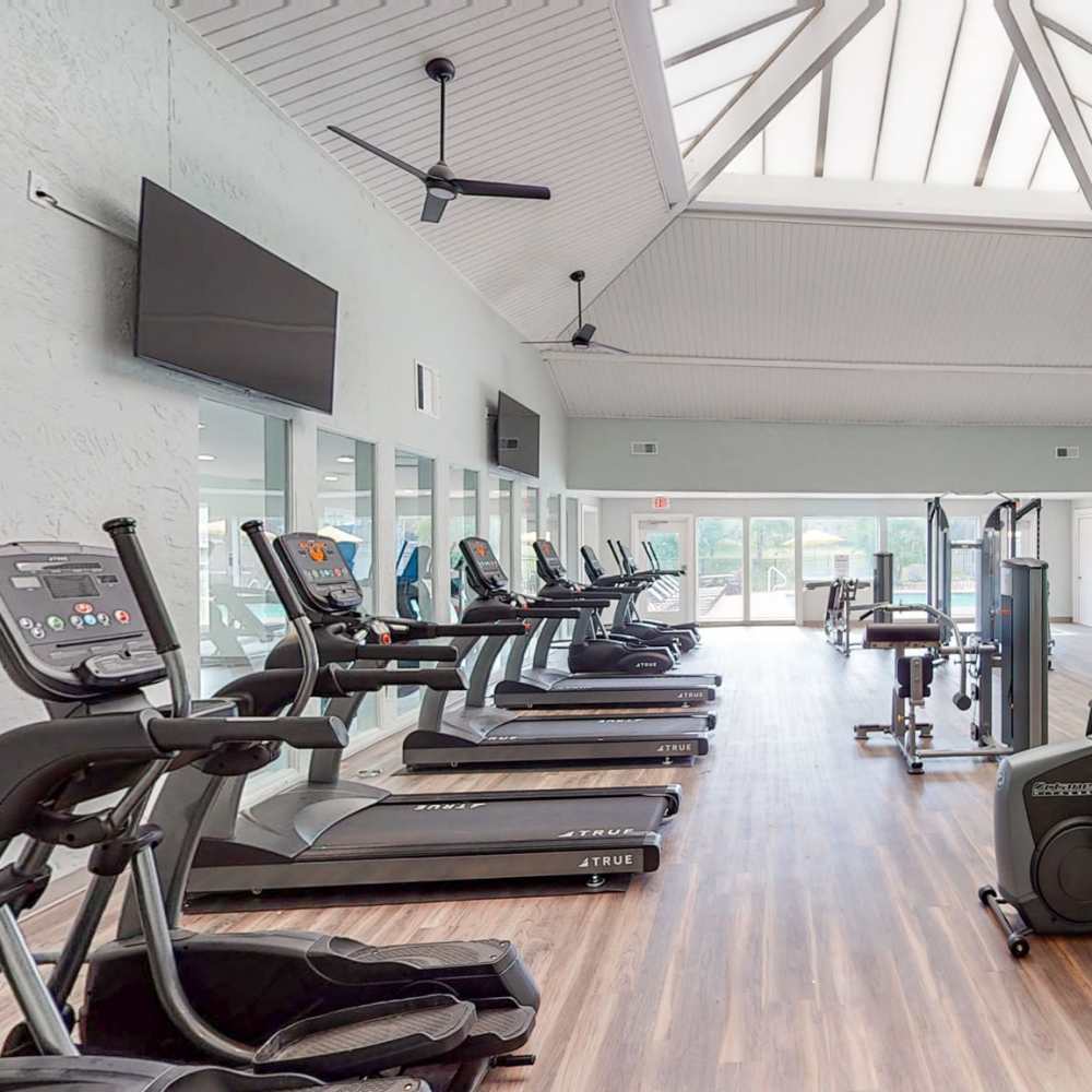 Treadmills in spacious fitness center at Lago Vista Apartments in St. Charles,Missouri