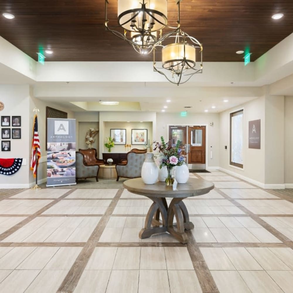 Front lobby with flower arrangement at Anthology of Plano in Plano, Texas