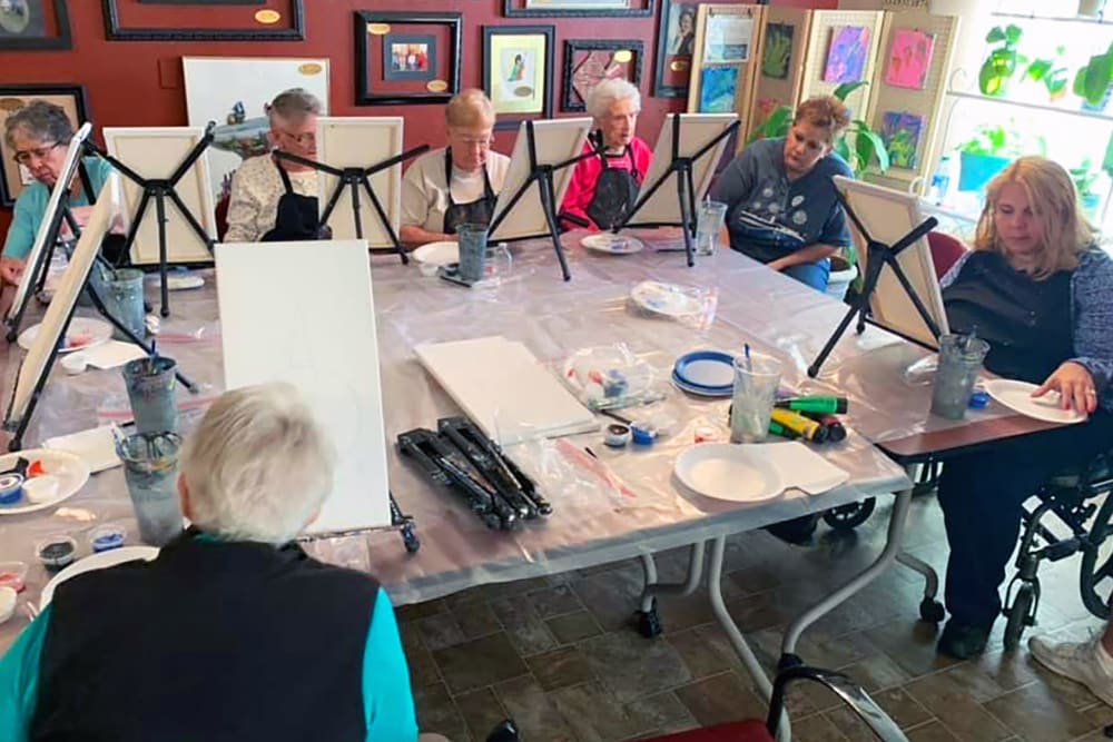 Active sense of community with art class at Peachtree Village Retirement Community in Roswell, New Mexico. 