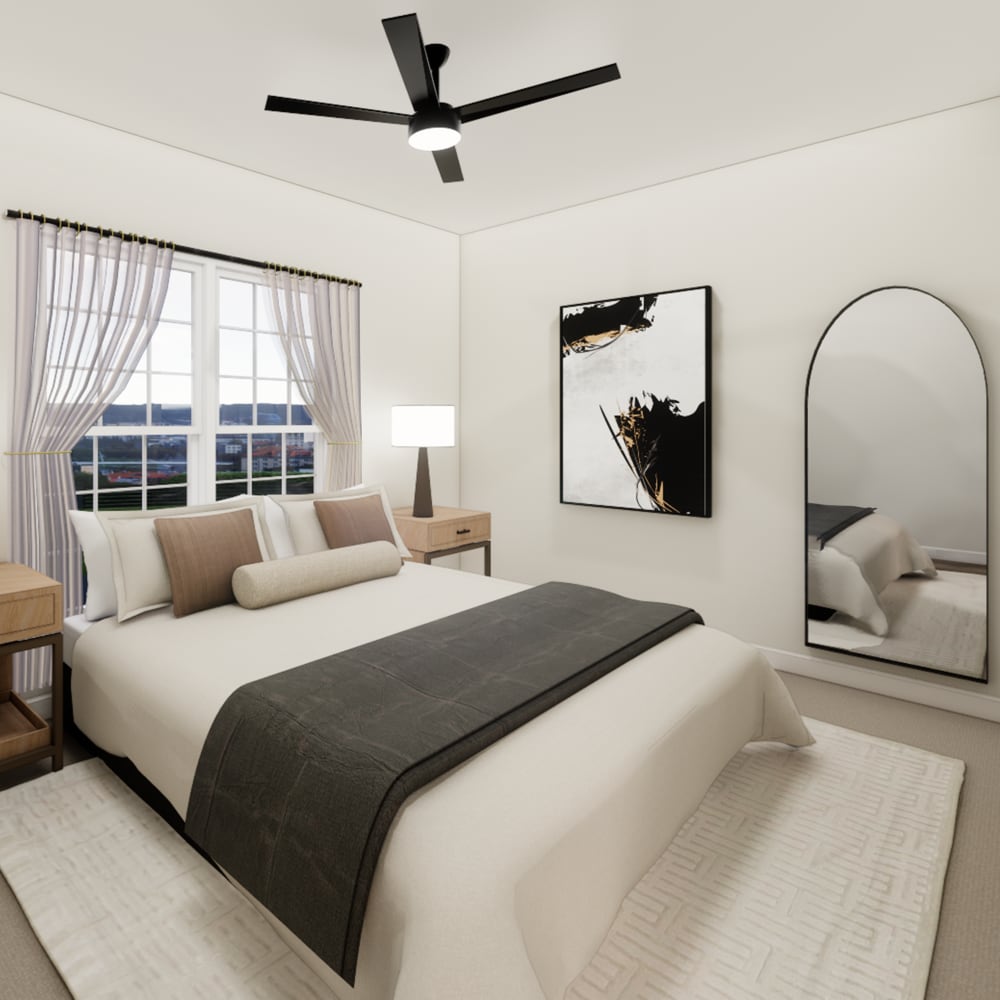 Comfortable bedroom with king size bed, side table lamp and ceiling fan at The Pointe at Loudon in Loudon, Tennessee