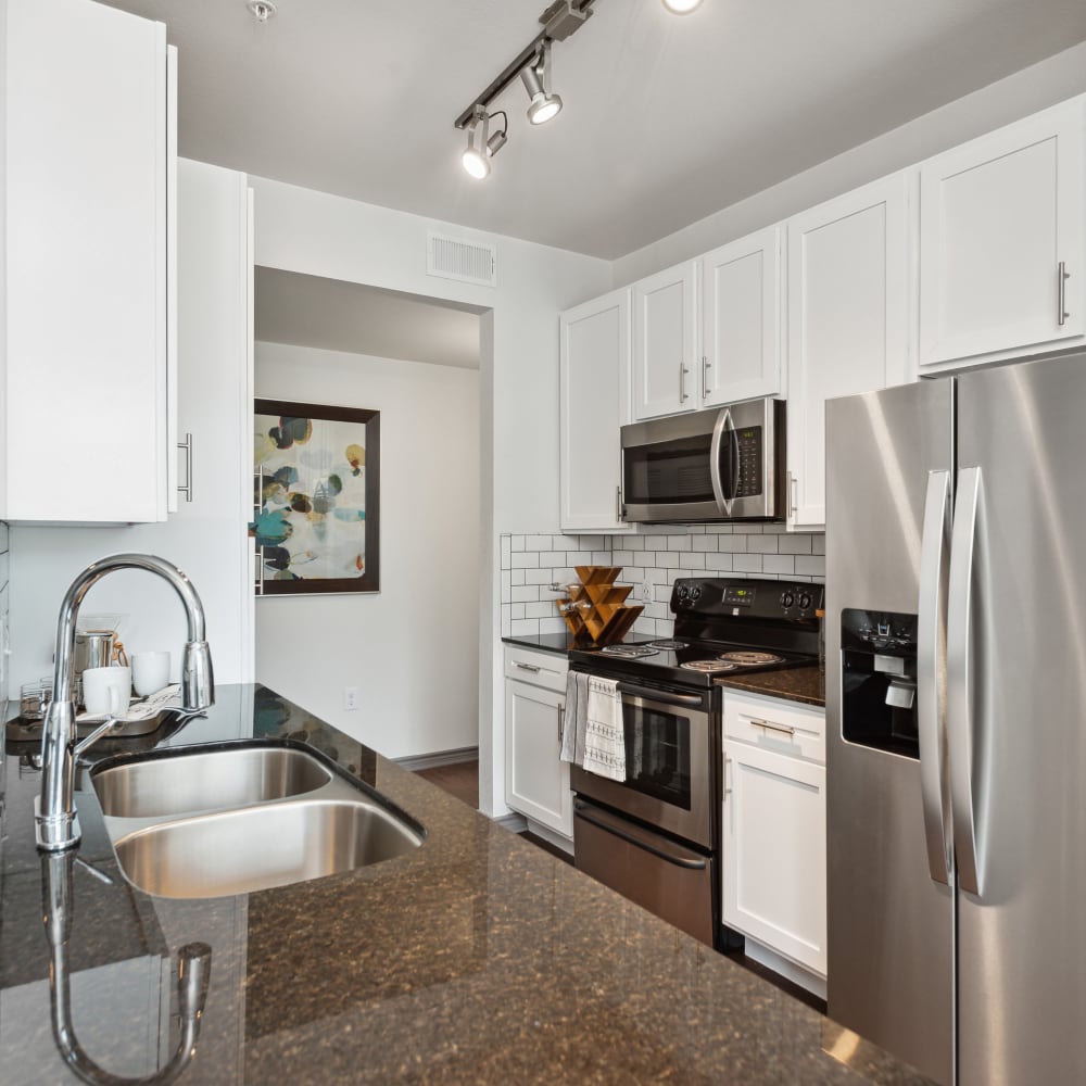 Gourmet kitchen with stainless-steel appliances at Haven at Eldridge in Houston, Texas