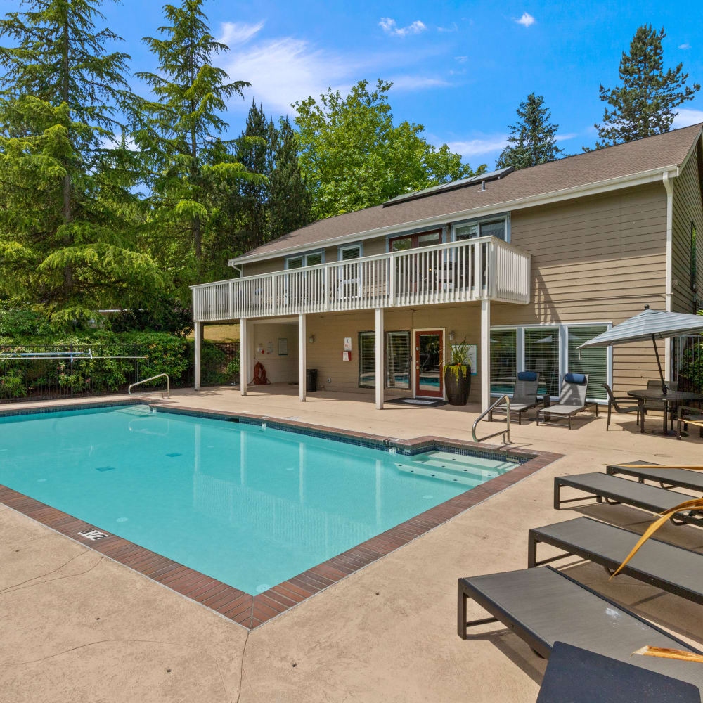 Large community pool and community building at Skyline Redmond in Redmond, Washington