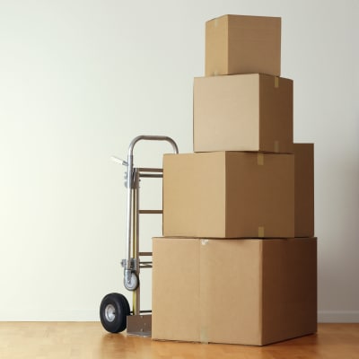 Stack of boxes on dolly at Fortress Storage Solutions