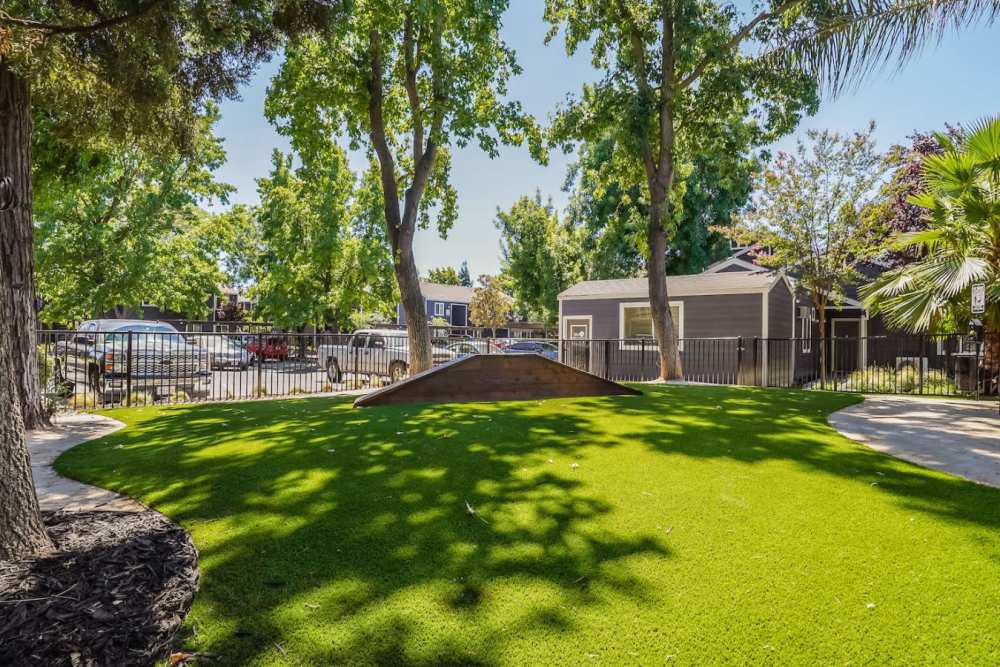 A serene park backyard featuring lush greenery and open space at Trails at 2112 in Modesto, California.