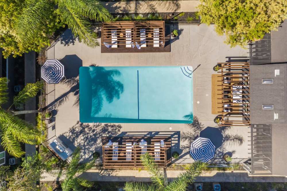Aerial view of Pool at Trails at 2112 in Modesto, California.